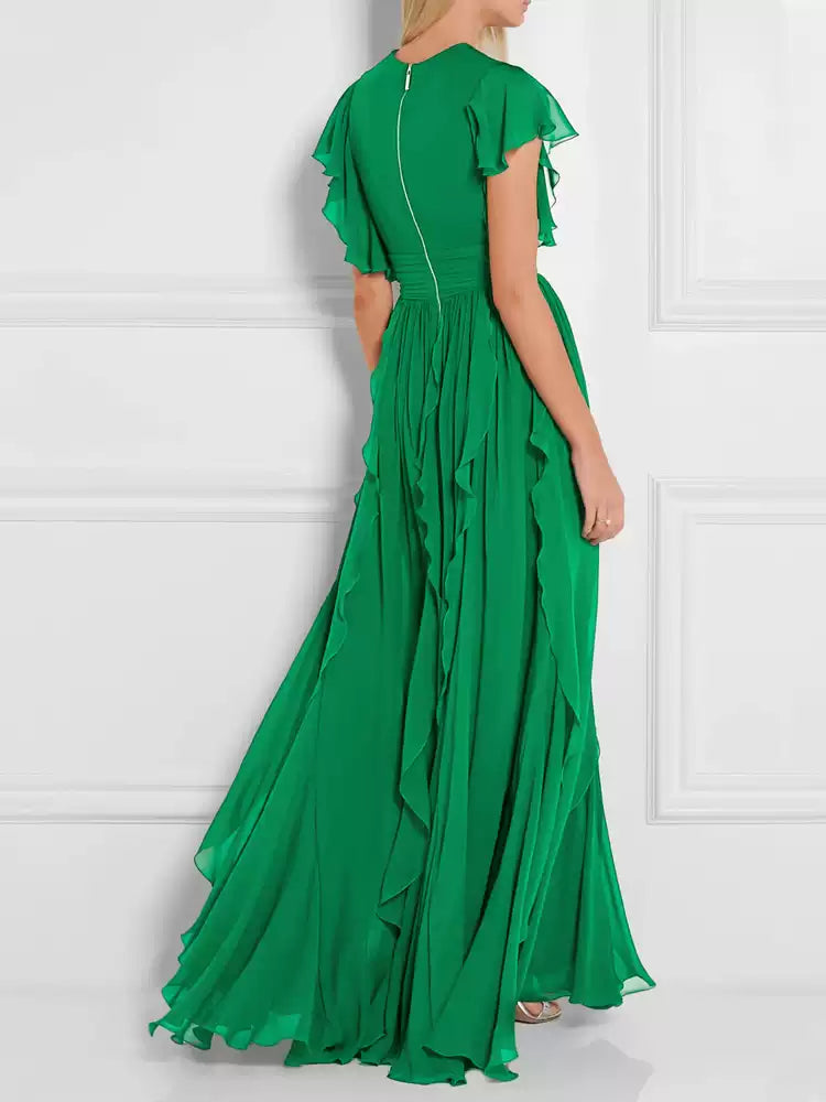 AIIZIE GREEN V - NECK RUFFLED MAXI DRESS - product image