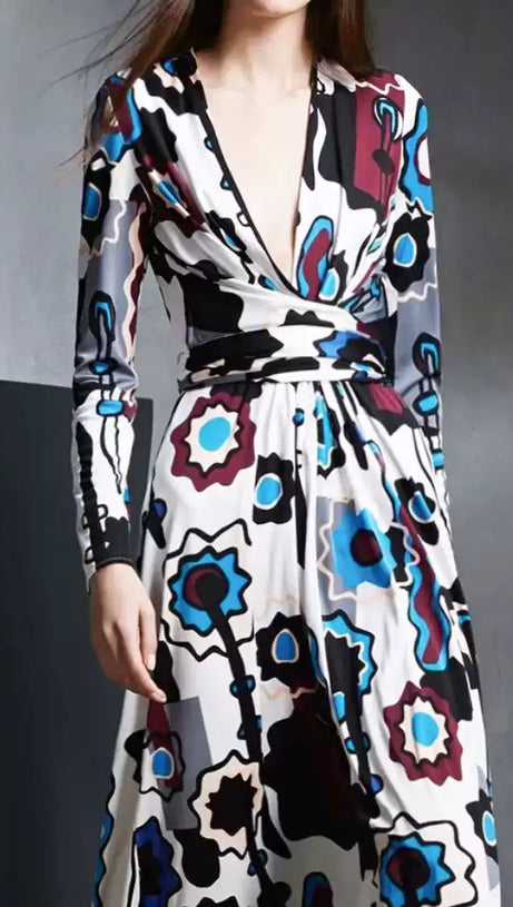 WHITE FLORAL PRINT WRAP MAXI DRESS WITH LONG SLEEVES