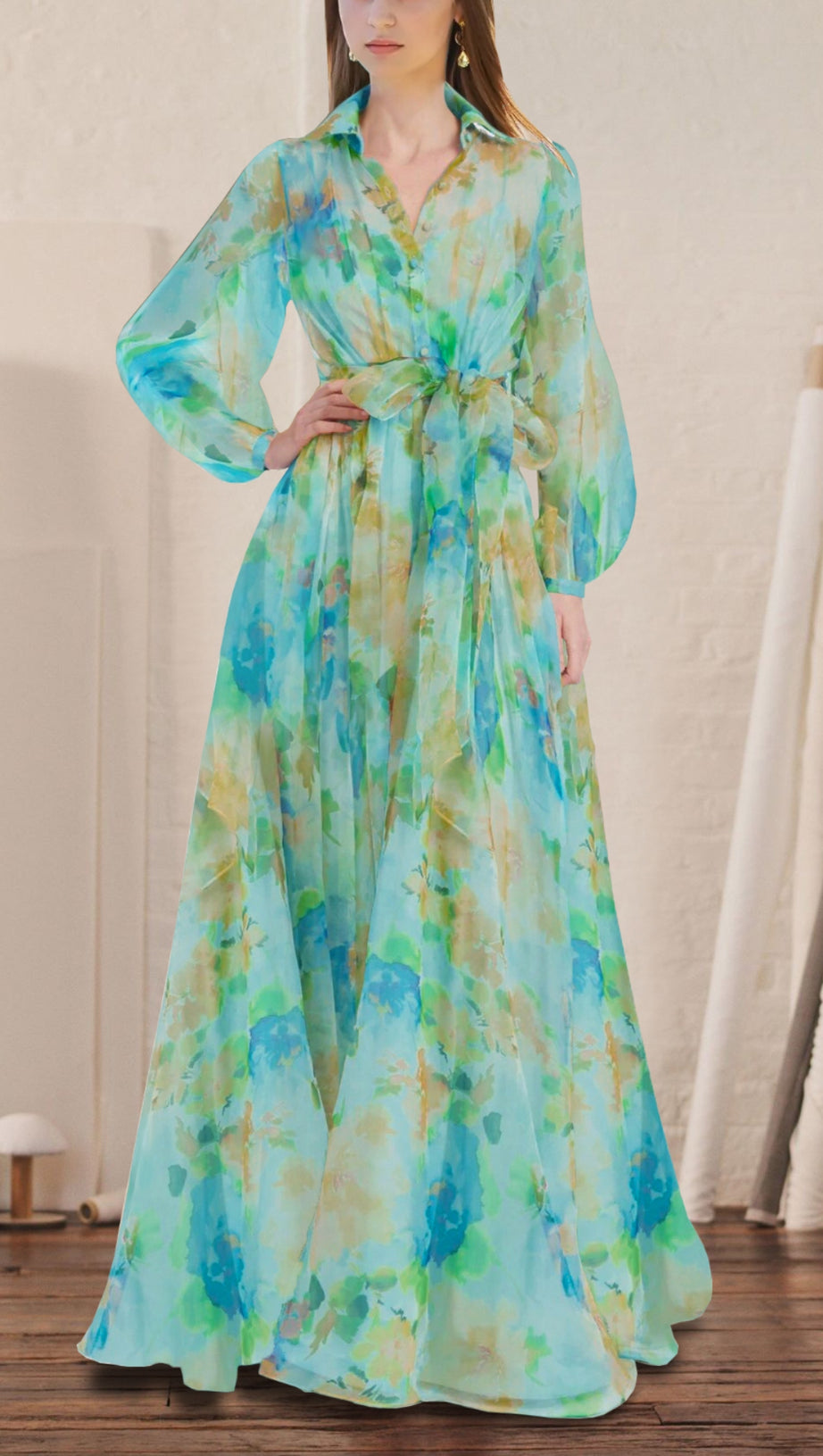 BLUE - GREEN FLORAL CHIFFON MAXI DRESS WITH BELTED WAIST