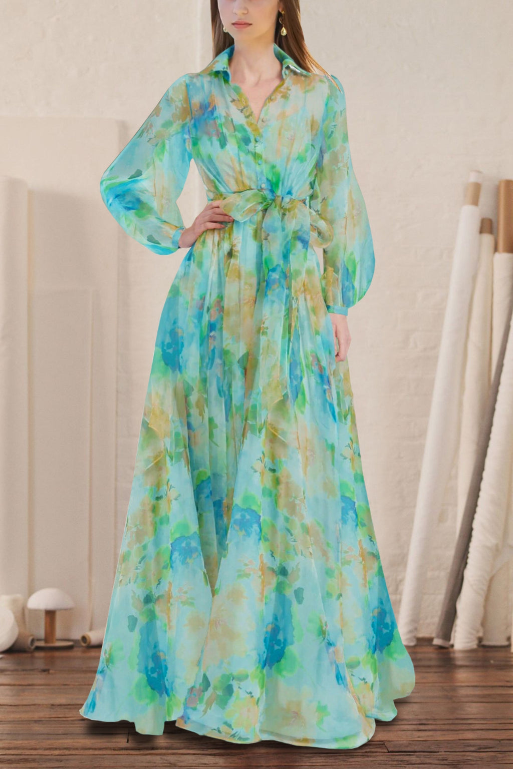 BLUE - GREEN FLORAL CHIFFON MAXI DRESS WITH BELTED WAIST