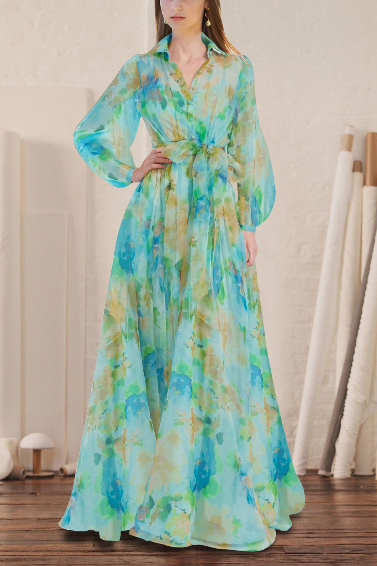 BLUE - GREEN FLORAL CHIFFON MAXI DRESS WITH BELTED WAIST