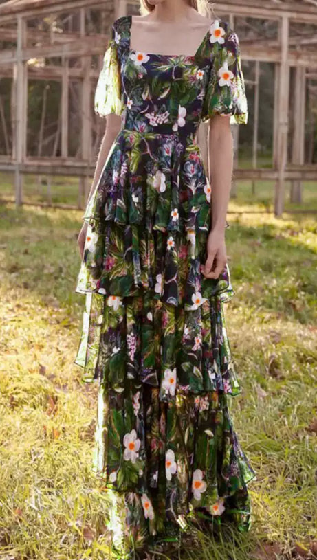 BLACK FLORAL RUFFLE SHORT - SLEEVE MAXI DRESS