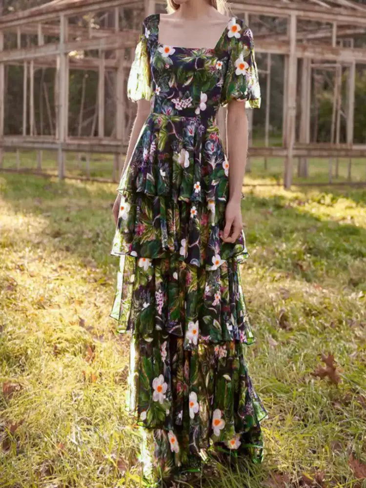 AIIZIE BLACK FLORAL RUFFLE SHORT - SLEEVE MAXI DRESS - product image
