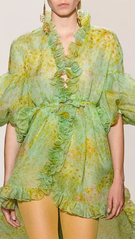 GREEN ELEGANT FLORAL CHIFFON MAXI DRESS WITH RUFFLES AND BELT