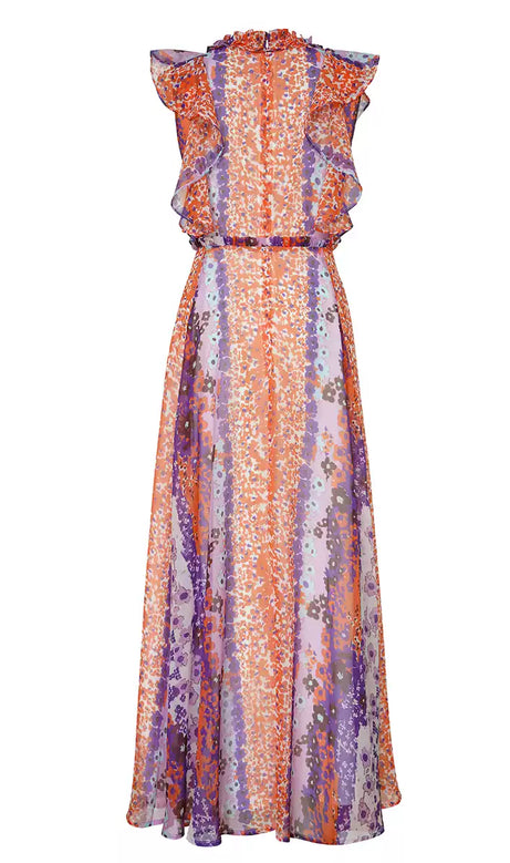 Elegant Floral Long Dress with Ruffled Neckline and Sleeveless Design