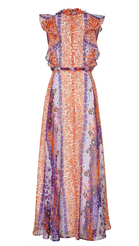 ELEGANT FLORAL LONG DRESS WITH RUFFLED NECKLINE AND SLEEVELESS DESIGN