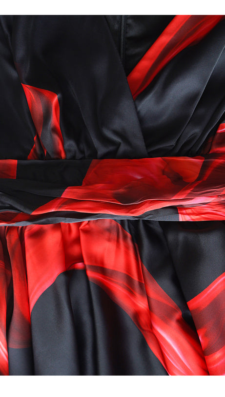 BLACK MAXI DRESS WITH RED PRINTS, PUFF SLEEVES & V - NECK