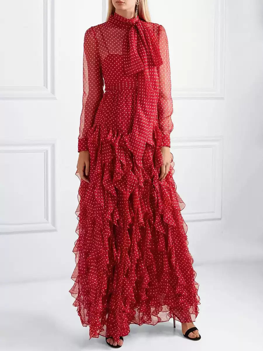 RED POLKA DOT TIERED MAXI DRESS WITH SHEER SLEEVES