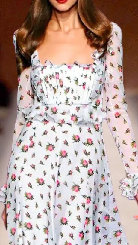 WHITE FLORAL RUFFLED MAXI DRESS WITH SQUARE NECKLINE