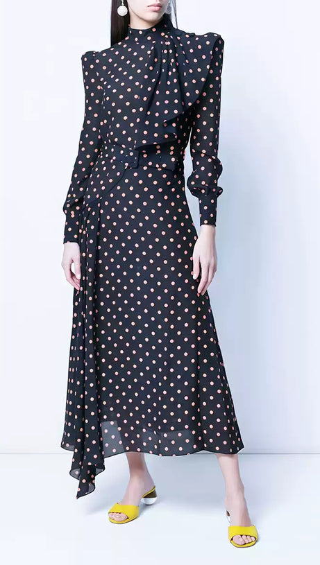 ELEGANT POLKA DOT MIDI DRESS WITH TIE NECKLINE AND BELT