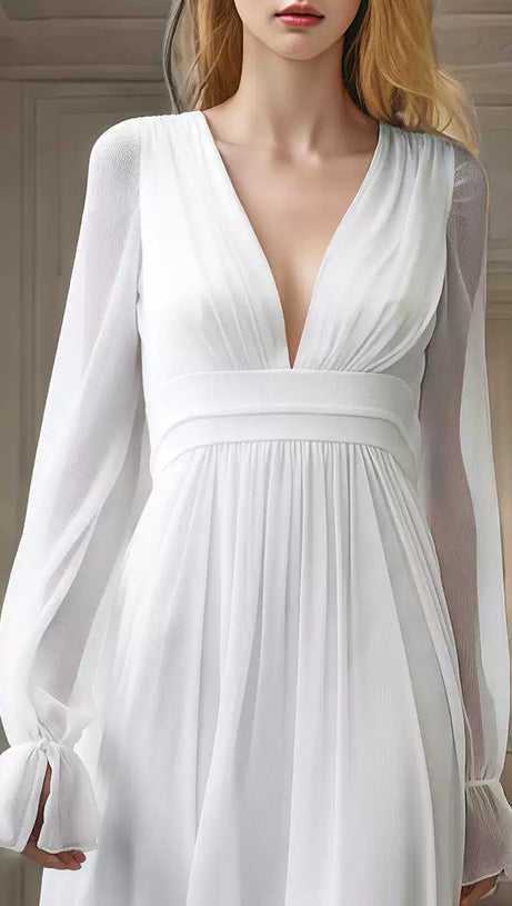 ELEGANT WHITE MAXI DRESS WITH V - NECK AND SHEER SLEEVES