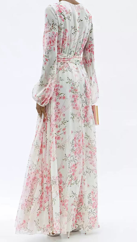 PINK FLORAL CHIFFON MAXI DRESS WITH LONG SLEEVES