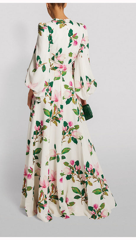 ELEGANT FLORAL PRINT  WITH PUFF SLEEVES MAXI DRESS