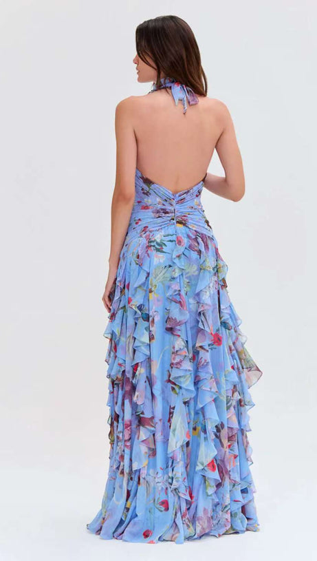 FLORAL HALTER RUFFLE TULLE MAXI DRESS IN BLUE