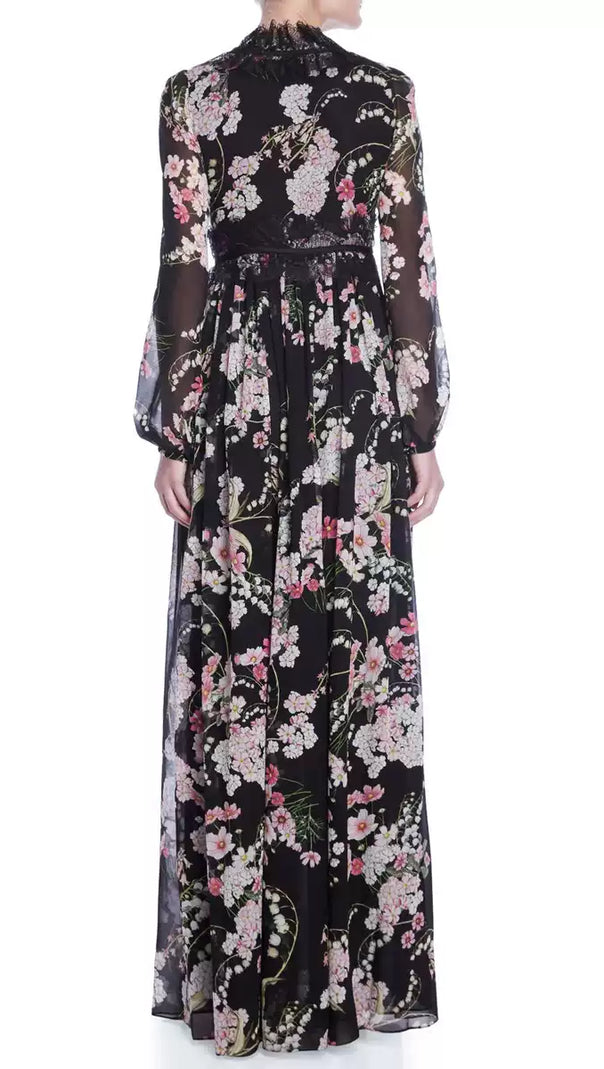 AIIZIE BLACK FLORAL LONG SLEEVE MAXI DRESS WITH V - NECK AND LACE DETAIL - product image