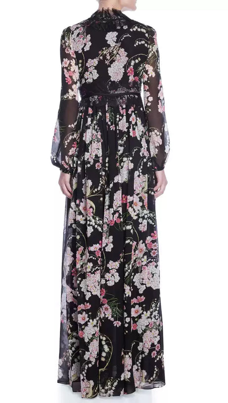BLACK FLORAL LONG SLEEVE MAXI DRESS WITH V - NECK AND LACE DETAIL