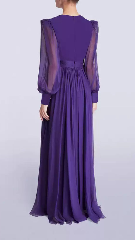 PURPLE CHIFFON LONG DRESS WITH SHEER SLEEVES AND WAIST PLEATS