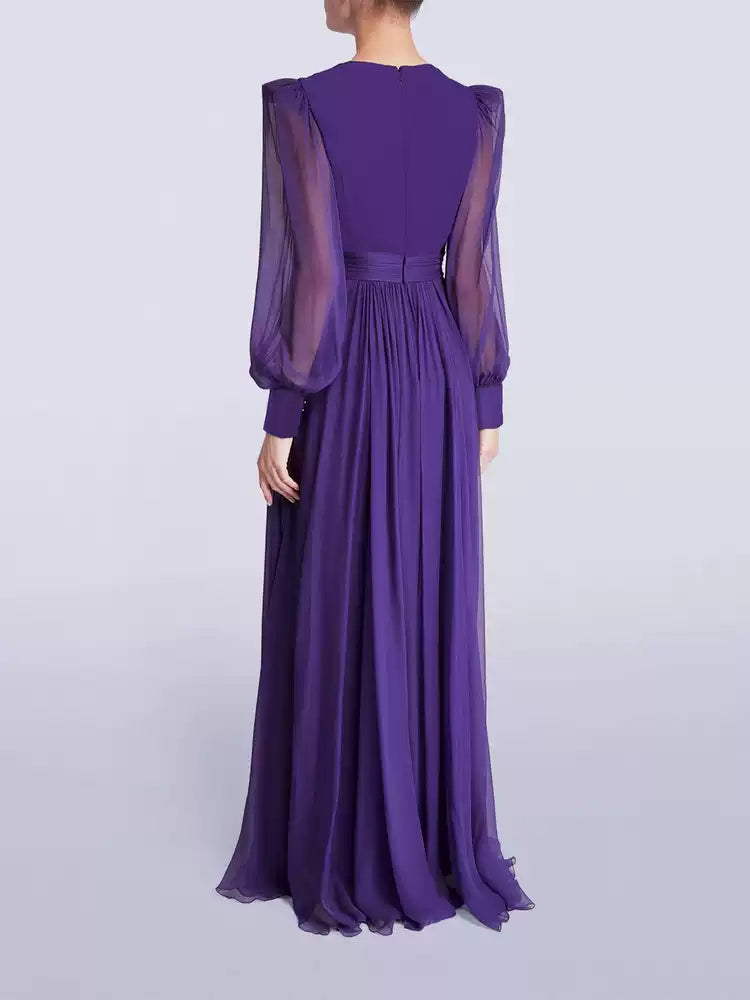 AIIZIE PURPLE CHIFFON LONG DRESS WITH SHEER SLEEVES AND WAIST PLEATS - product image