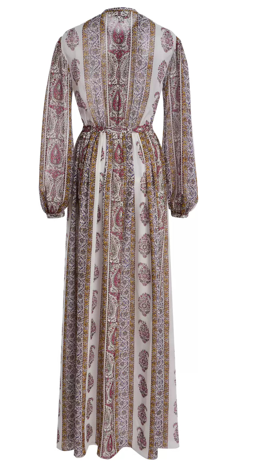 ABITO LUNGO CON STAMPA PAISLEY E VOLANT CON CINTURA IN VITA