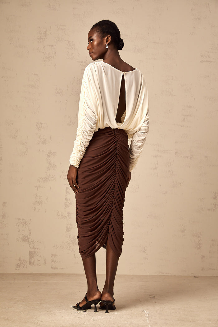 Long Sleeve Two-Tone pleated Midi Dress in Brown