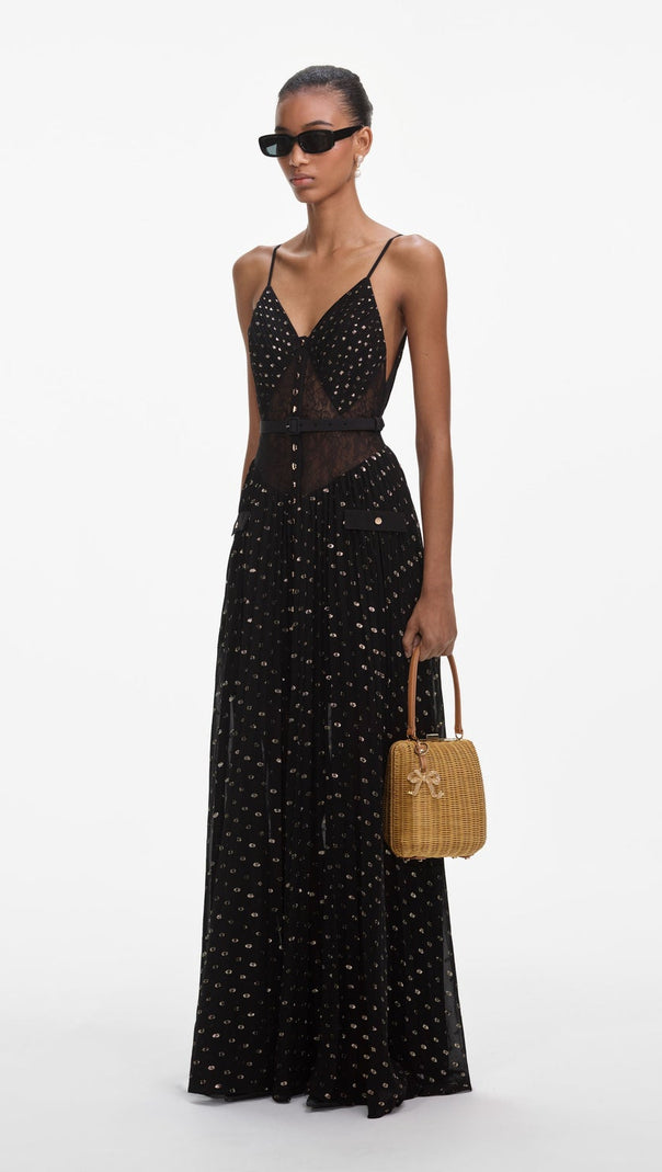 AIIZIE LACE DOT BELTED PLEATED MAXI DRESS - product image