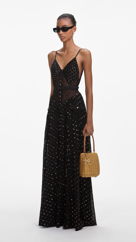 LACE DOT BELTED PLEATED MAXI DRESS