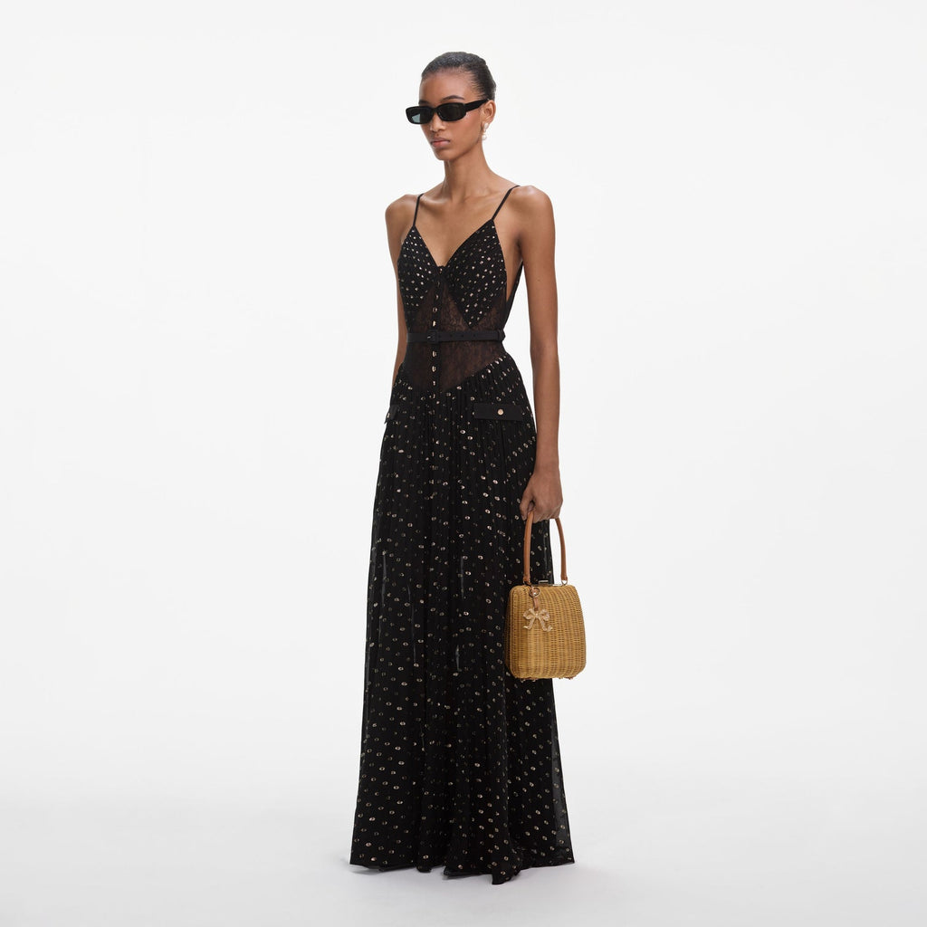LACE DOT BELTED PLEATED MAXI DRESS