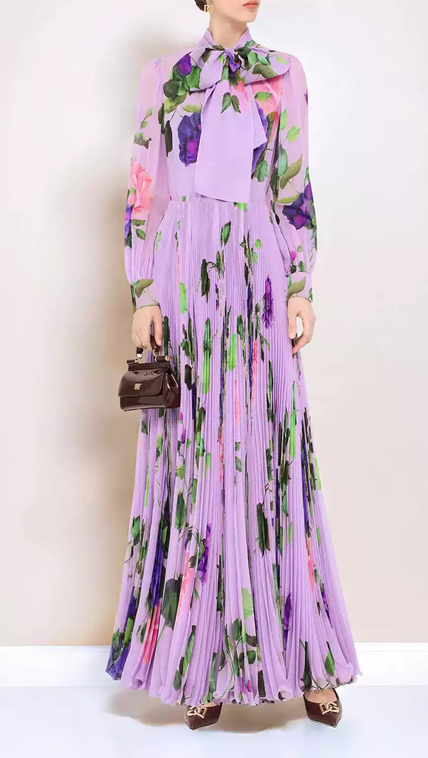 AIIZIE LILAC FLORAL PRINT BOW NECKLINE LONG CHIFFON DRESS - product image