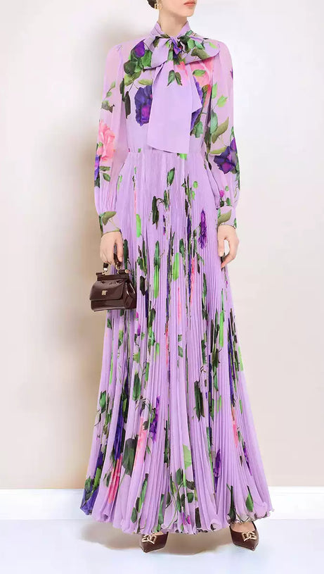LILAC FLORAL PRINT BOW NECKLINE LONG CHIFFON DRESS