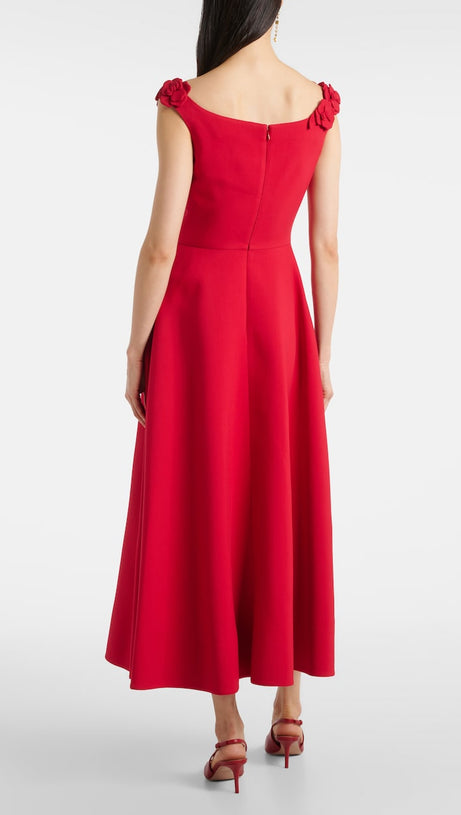 ULA EMBELLISHED FLORAL ROUND NECK MIDI DRESS IN RED