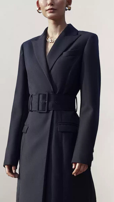 ELEGANT BLACK BELTED MAXI COAT