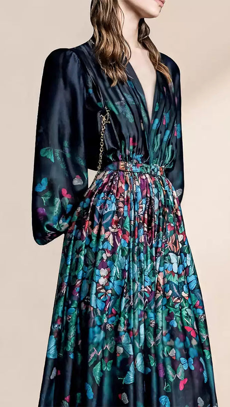 ELEGANT BUTTERFLY - PRINTED MAXI DRESS WITH BELT AND SHEER SLEEVES