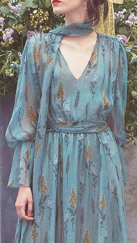 BLUE FLORAL CHIFFON MAXI DRESS WITH TIE - NECK AND BELT