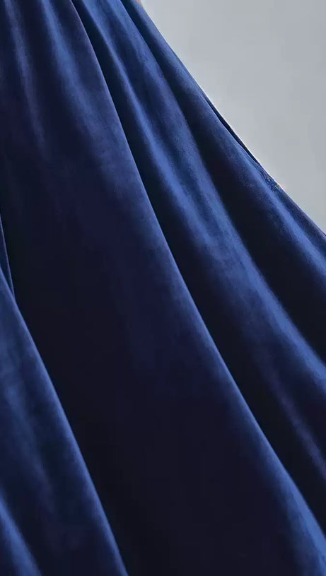 NAVY BLUE VELVET MIDI DRESS WITH PUFF SLEEVES