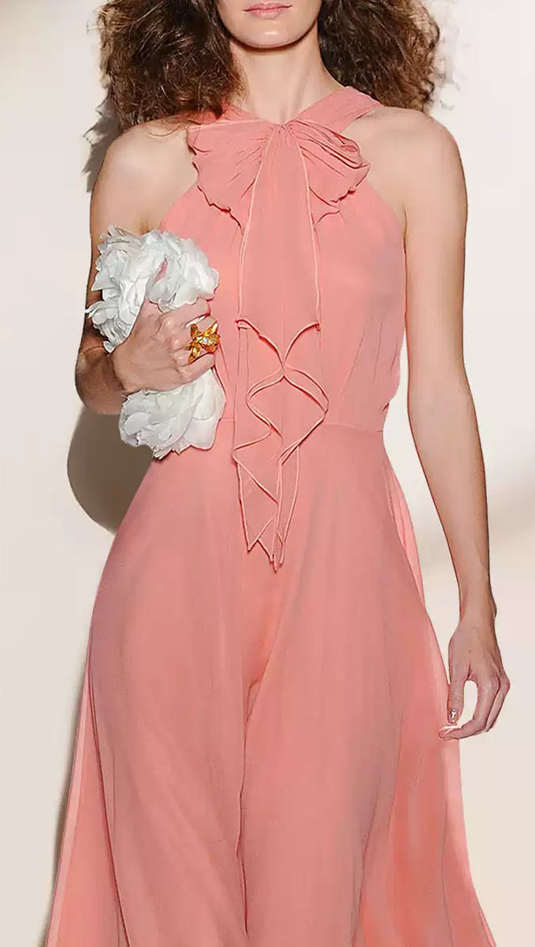 AIIZIE ELEGANT CORAL HALTER MAXI DRESS WITH BOW DETAIL - product image
