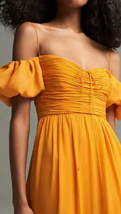 YELLOW OFF SHOULDER CHIFFON MAXI DRESS WITH PUFF SLEEVES