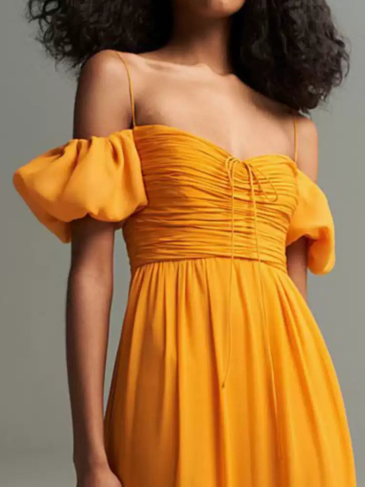 AIIZIE YELLOW OFF SHOULDER CHIFFON MAXI DRESS WITH PUFF SLEEVES - product image