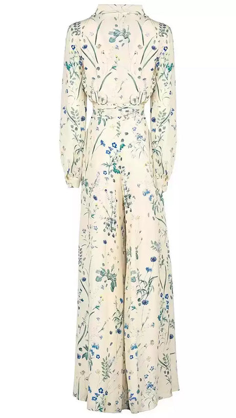 Wickel-Jumpsuit mit Blumenmuster, langen Ärmeln und Taillengürtel 