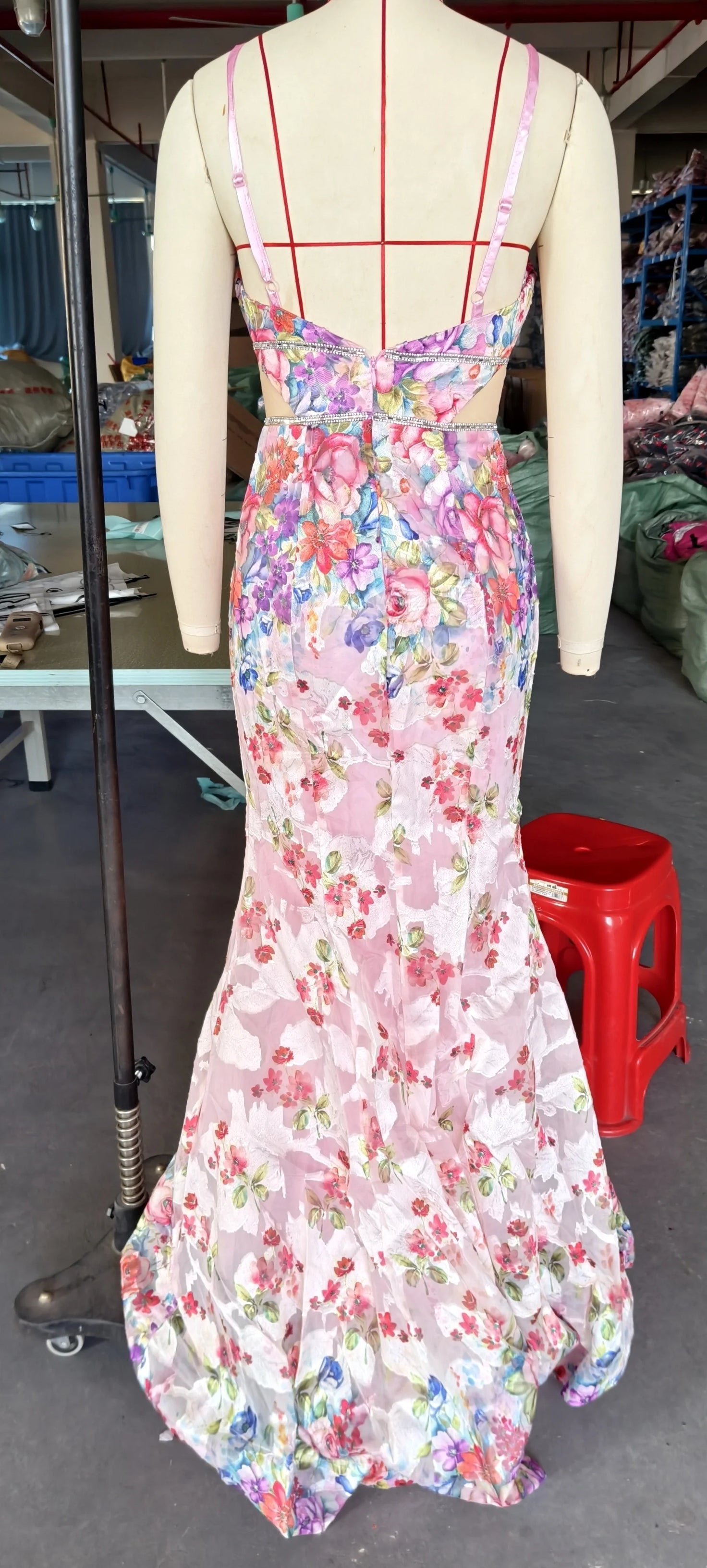 SPAGHETTI STRAPS FLORAL PRINT MERMAID MAXI DRESS IN PINK