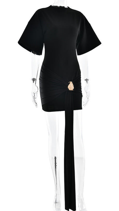DRAPED EMBELLISHED MINI DRESS - BLACK