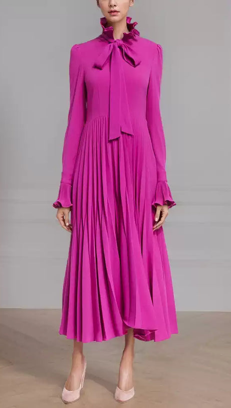 ELEGANT LONG SLEEVE BOW NECKLINE PLEATED MAXI DRESS