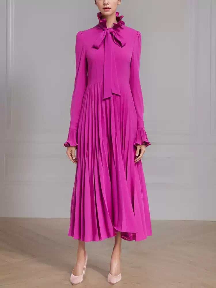 ELEGANT LONG SLEEVE BOW NECKLINE PLEATED MAXI DRESS