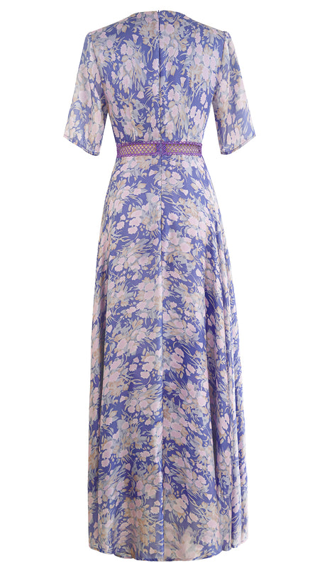 LILAC FLORAL PRINT V - NECK MAXI DRESS WITH LACE BELT