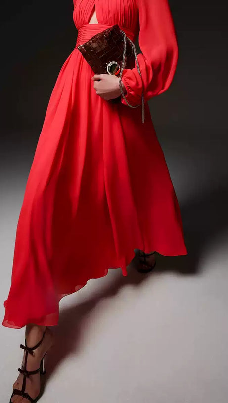 RED CHIFFON MAXI DRESS WITH SHEER SLEEVES AND CUTOUT