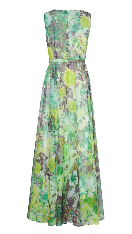 WATERCOLOR FLORAL CHIFFON SLEEVELESS HOCO MAXI DRESS