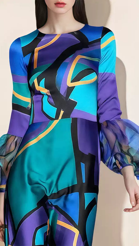 ELEGANT ABSTRACT - PRINTED MAXI DRESS WITH SHEER SLEEVE DETAILS