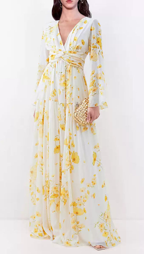 YELLOW FLORAL PRINT WRAP V - NECK MAXI DRESS WITH BELL SLEEVES