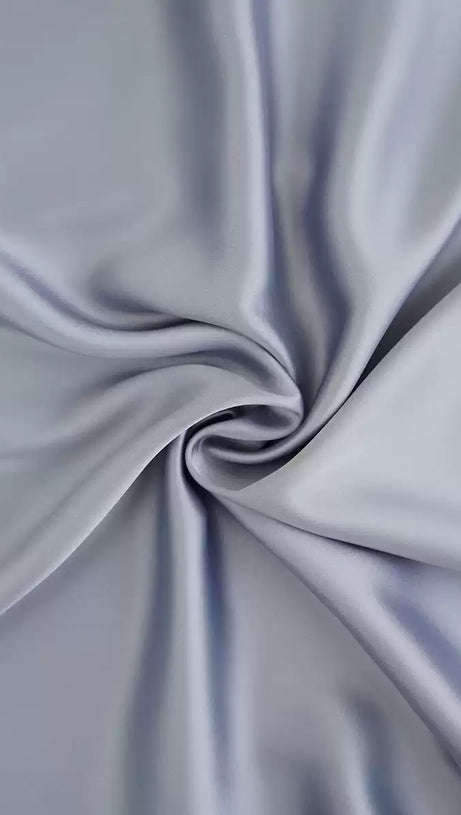 SILVER SATIN MAXI DRESS WITH LONG SLEEVES AND PLEATED NECKLINE