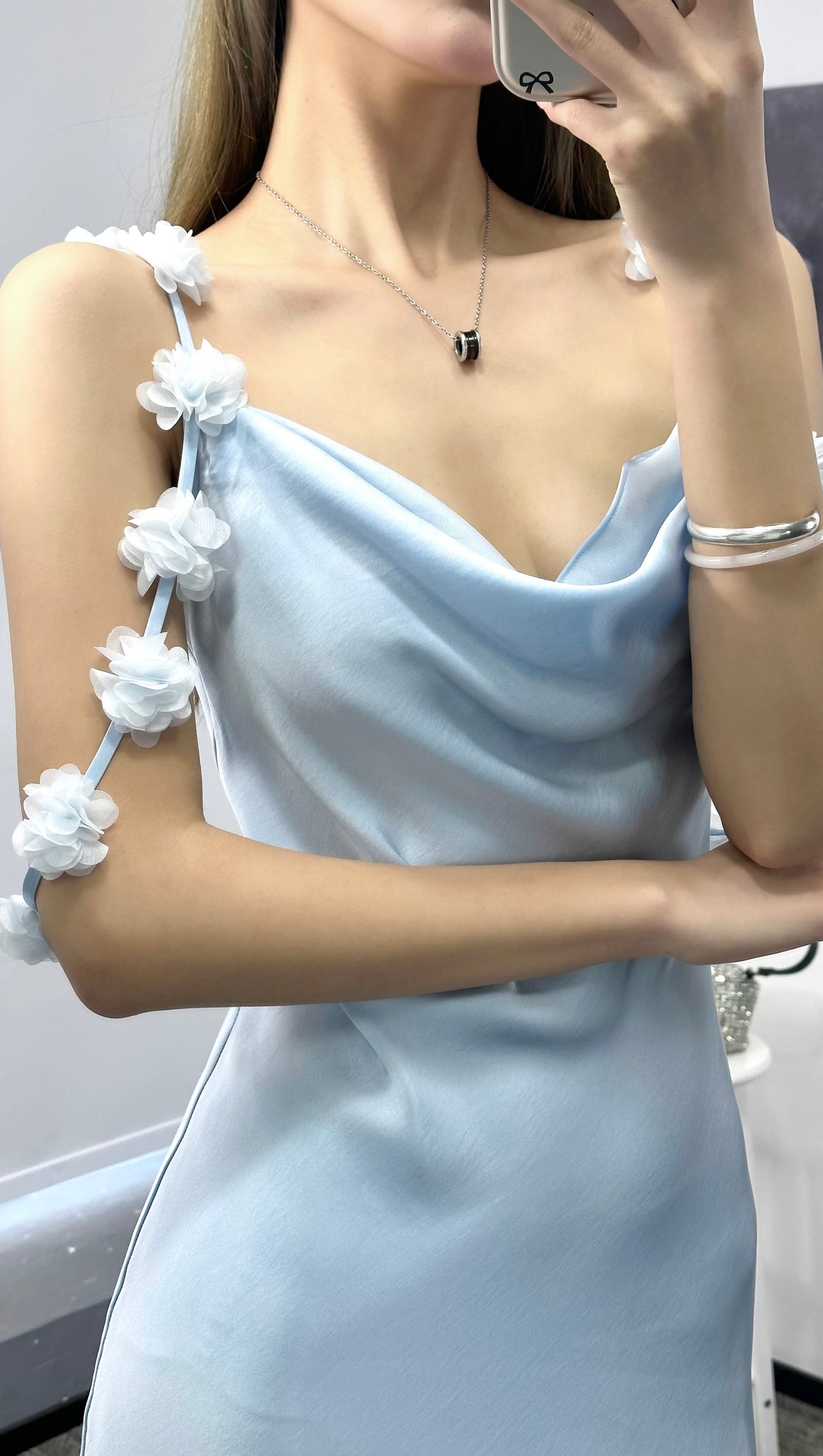 BLUE SATIN FLOWER MAXI DRESS