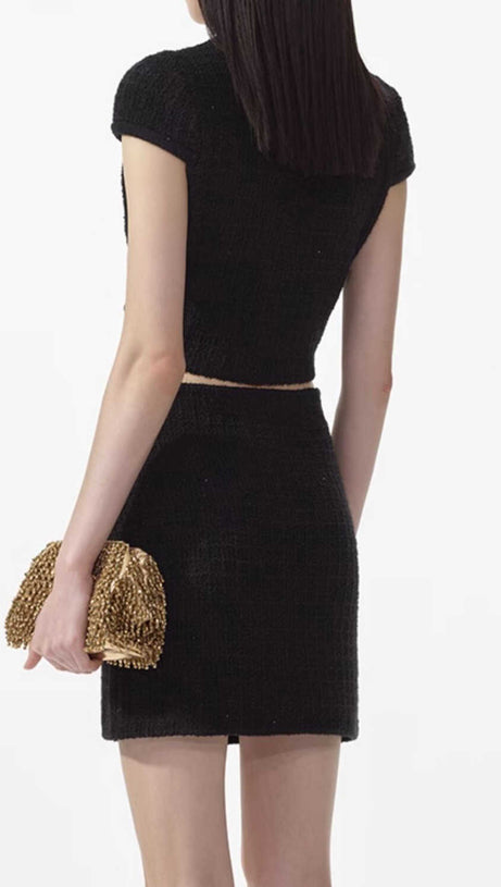 CRYSTAL EMBELLISHED-BUTTONS CARDIGAN IN BLACK